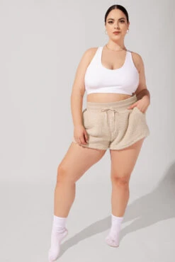 Faux Sherpa Short With Pockets - Taupe -Quality Sport Wear ArleneOutfit7 1130 Edit de55b240 bda2 463e 8d5f 30cd42b364d7