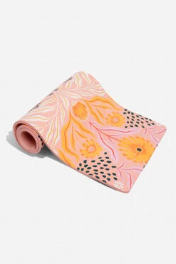 CloudCushion Vegan Suede Yoga Mat - Mandarin Hypnosis 0.5” Thick -Quality Sport Wear BF PF Thick Yoga Mat Pink Floral Half Rolled Edit 1