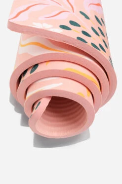 CloudCushion Vegan Suede Yoga Mat - Mandarin Hypnosis 0.5” Thick -Quality Sport Wear BF PF Thick Yoga Mat Pink Floral Rolled Detail Edit 1