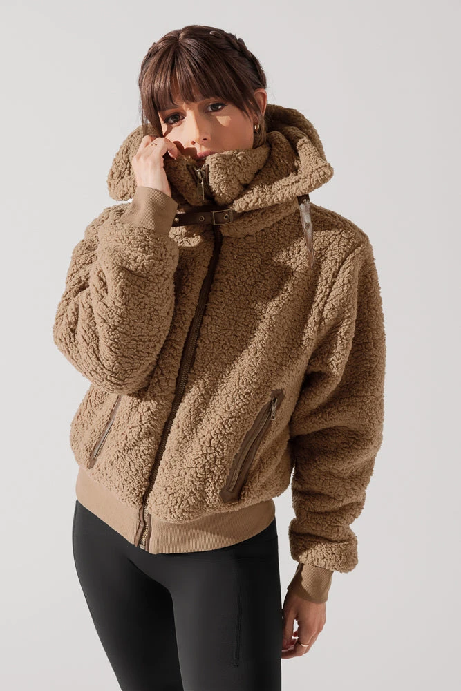 The Kinsley Bomber Jacket In Faux Sherpa - Teddy Bear Brown 1 The Kinsley Bomber Jacket In Faux Sherpa - Teddy Bear Brown